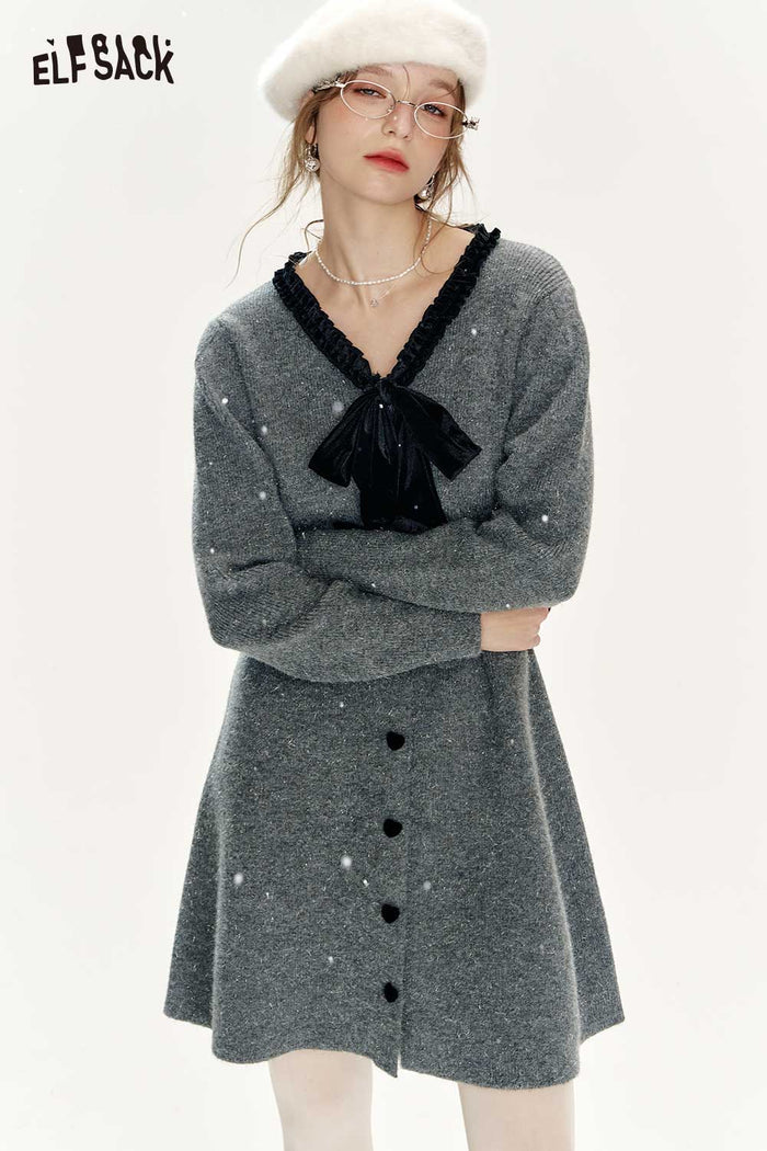 ELFSACK Bow V Neck Gray Waist Tie Dress