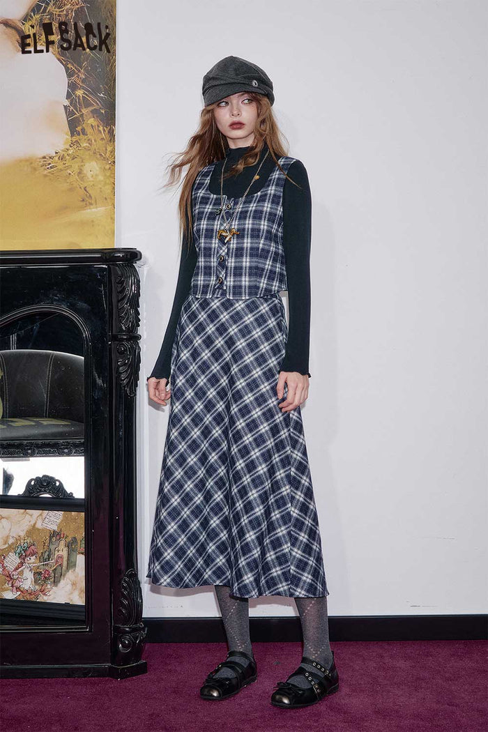 ELFSACK Breathable Cotton Blend Plaid 3-Piece Set A-Line Skirt