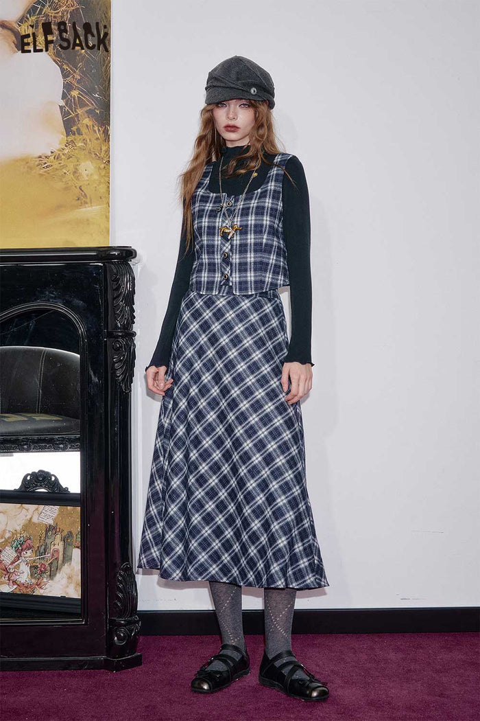 ELFSACK Breathable Cotton Blend Plaid 3-Piece Set A-Line Skirt