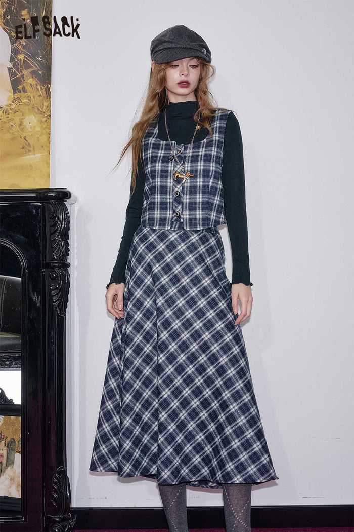 ELFSACK Breathable Cotton Blend Plaid 3-Piece Set A-Line Skirt