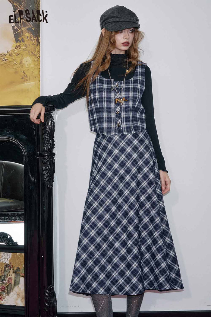 ELFSACK Breathable Cotton Blend Plaid 3-Piece Set A-Line Skirt