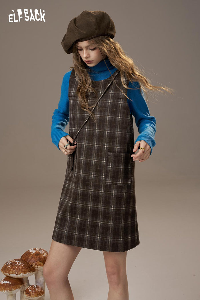 ELFSACK Breathable Cotton Plaid Pattern Pocket Detail Loose Fit Dress