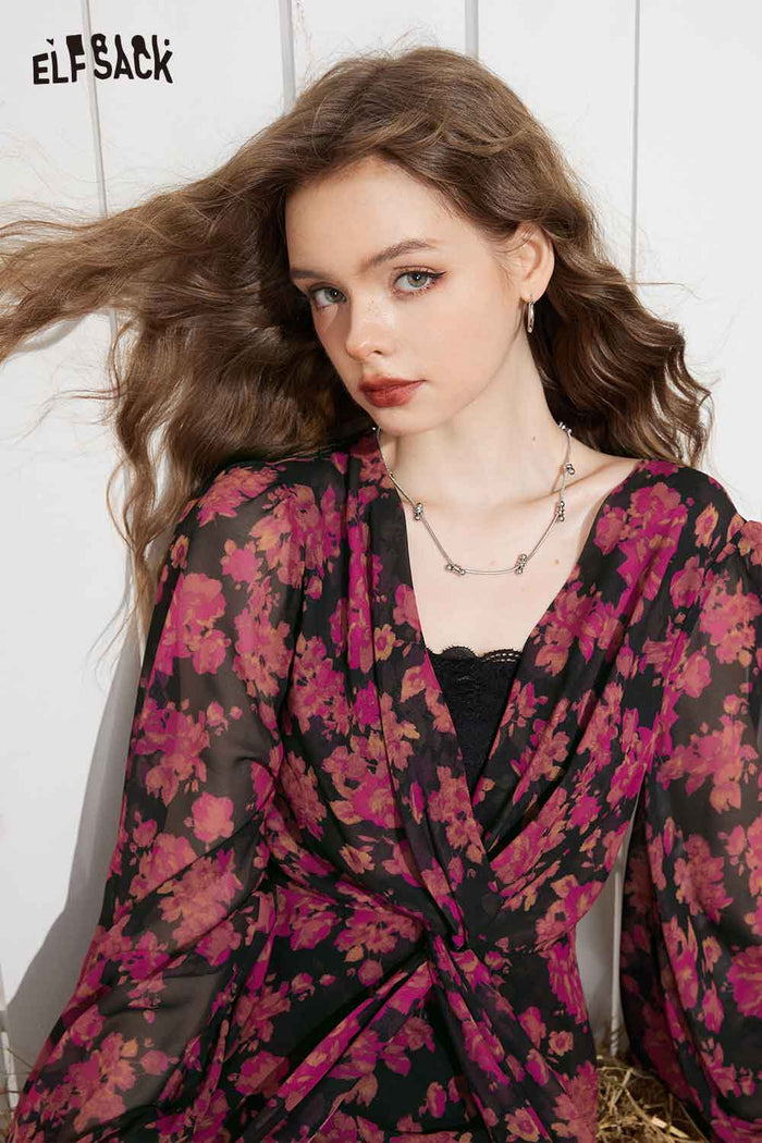 ELFSACK Breathable Floral Long Sleeve Loose Slit Maxi Dress