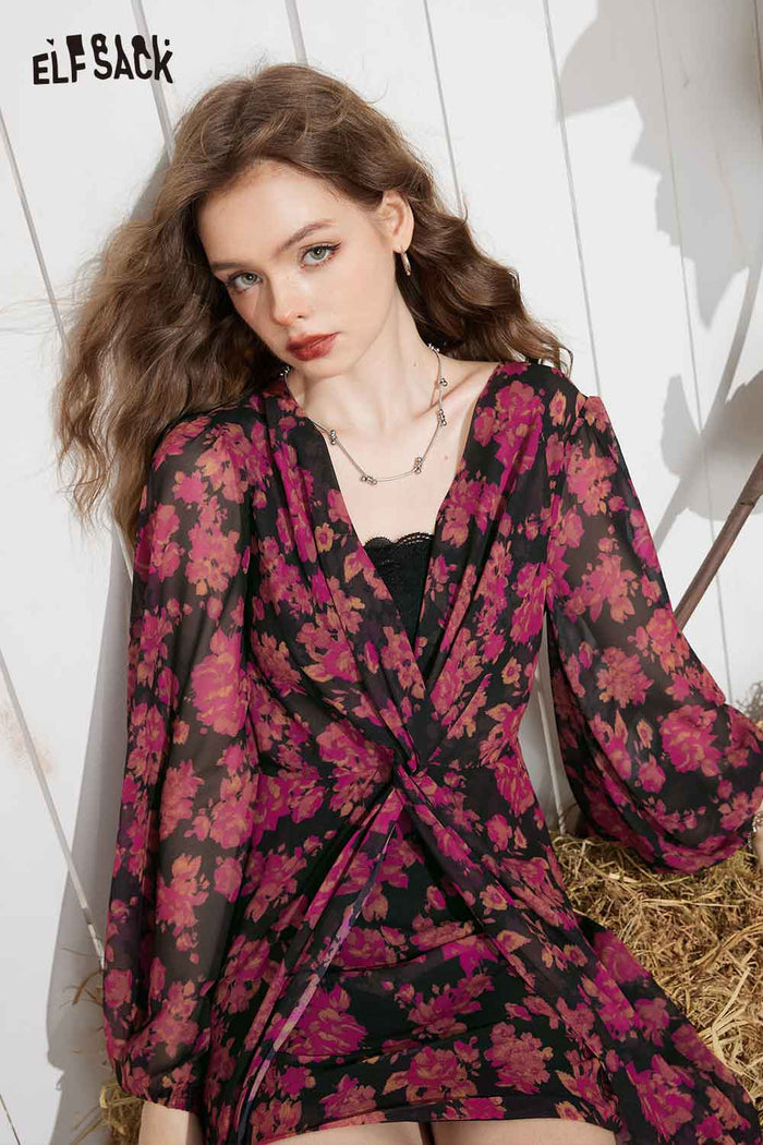 ELFSACK Breathable Floral Long Sleeve Loose Slit Maxi Dress