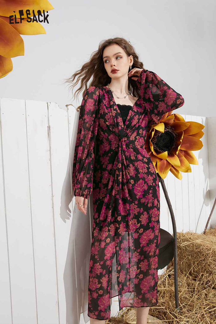 ELFSACK Breathable Floral Long Sleeve Loose Slit Maxi Dress