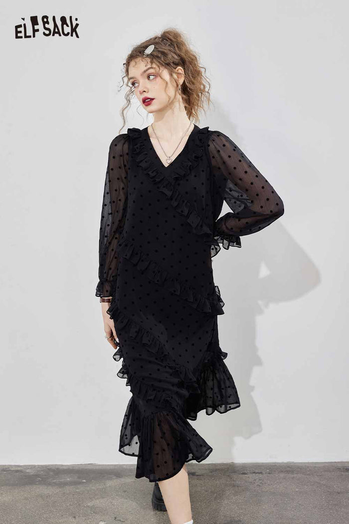 ELFSACK Breathable French Dot V Neck Loose Slimming Dress