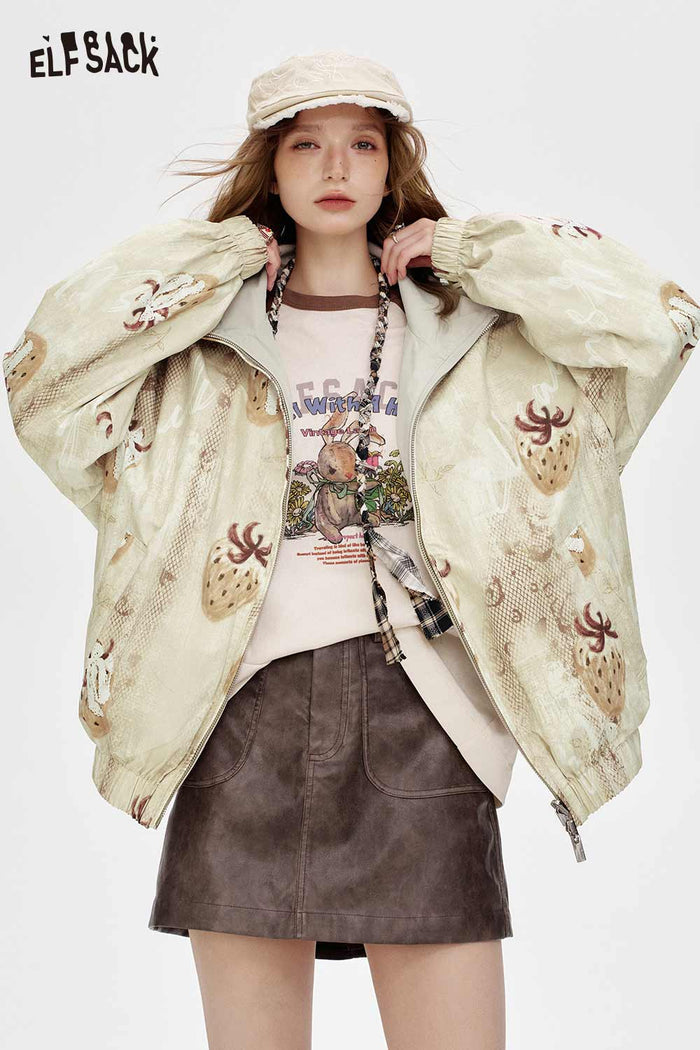 ELFSACK Breathable Loose Elastic Lace Graphic Print Checkered Jacket