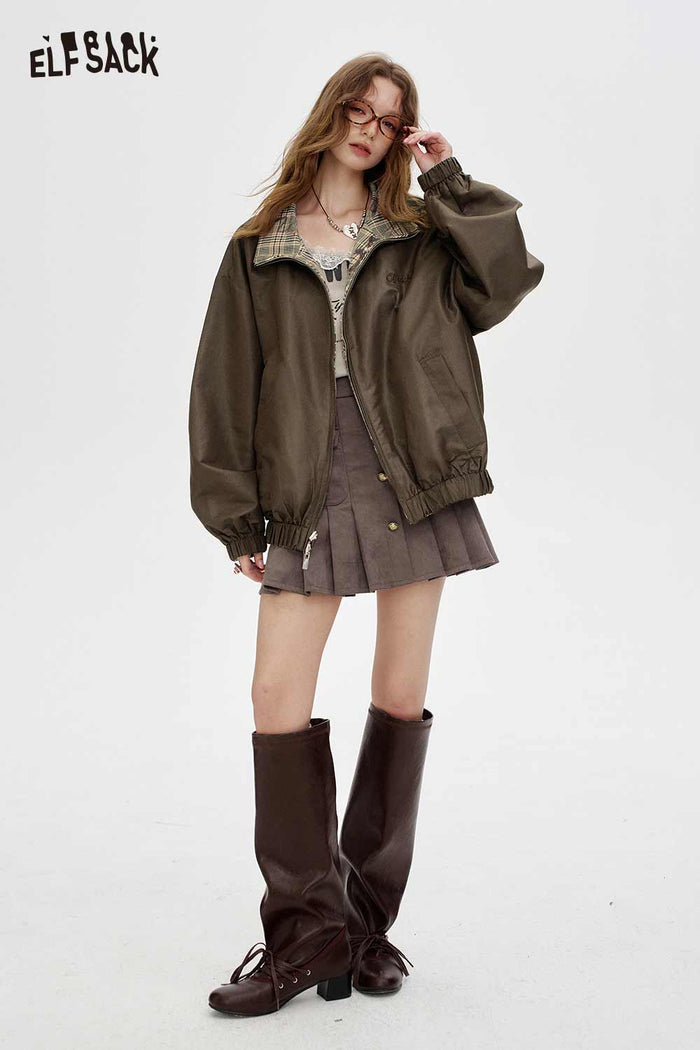 ELFSACK Breathable Loose Elastic Lace Graphic Print Checkered Jacket