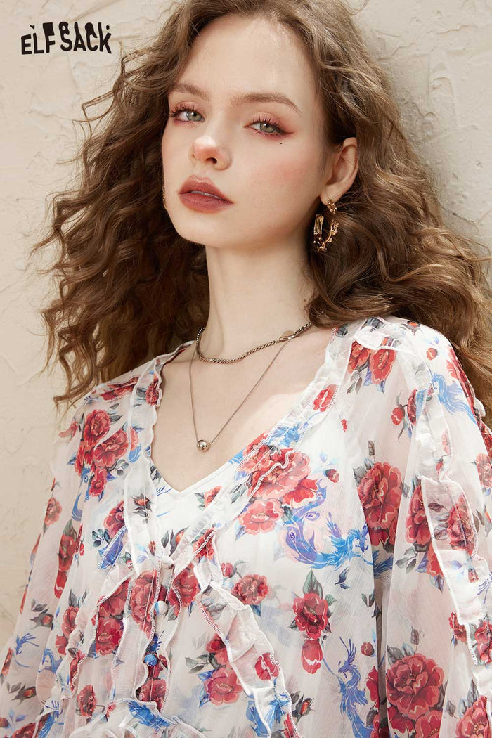 ELFSACK Breathable Loose Floral V Neck Dress