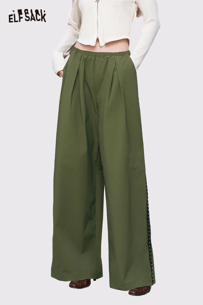 ELFSACK Breathable Straight Solid Wrinkled Long Pants