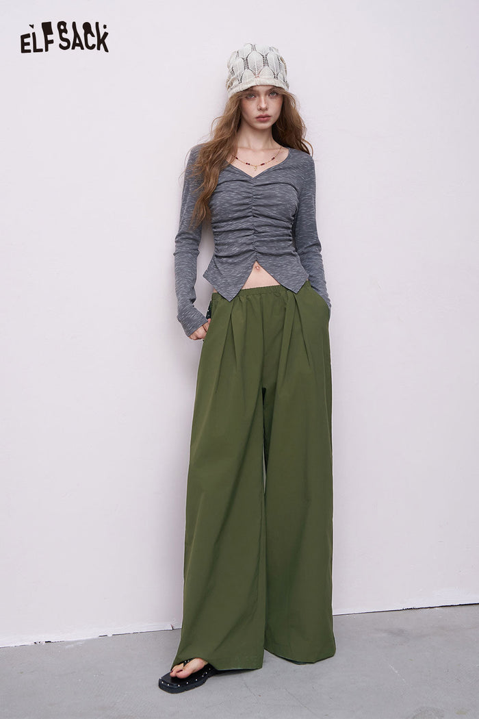 ELFSACK Breathable Straight Solid Wrinkled Long Pants