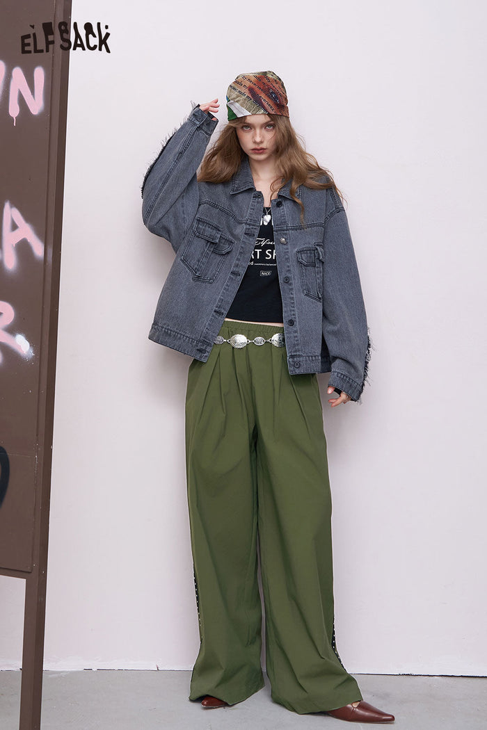 ELFSACK Breathable Straight Solid Wrinkled Long Pants