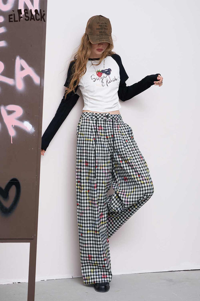 ELFSACK Breathable Straight Wide-Leg Plaid Heart Print Long Pants