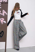 ELFSACK Breathable Straight Wide-Leg Plaid Heart Print Long Pants
