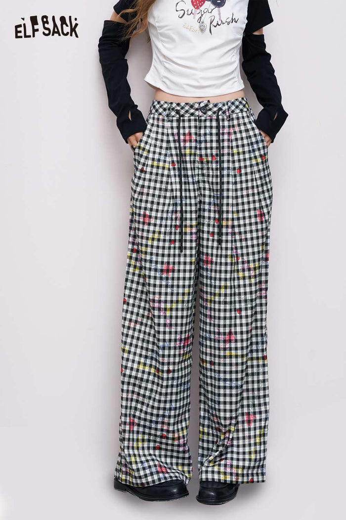 ELFSACK Breathable Straight Wide-Leg Plaid Heart Print Long Pants