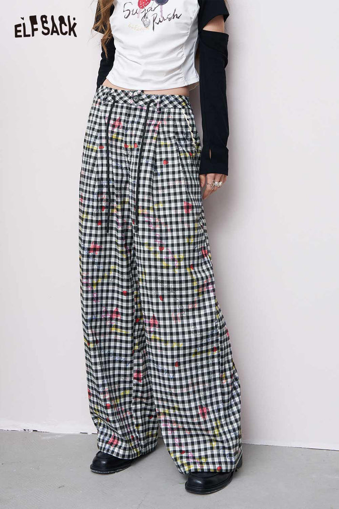 ELFSACK Breathable Straight Wide-Leg Plaid Heart Print Long Pants