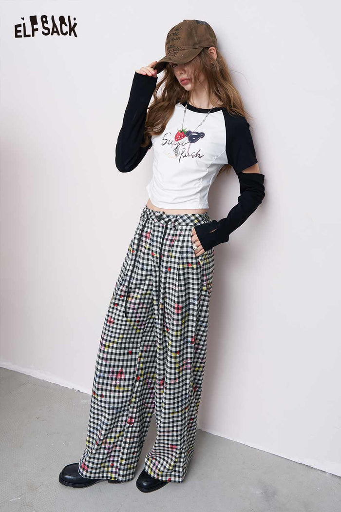 ELFSACK Breathable Straight Wide-Leg Plaid Heart Print Long Pants
