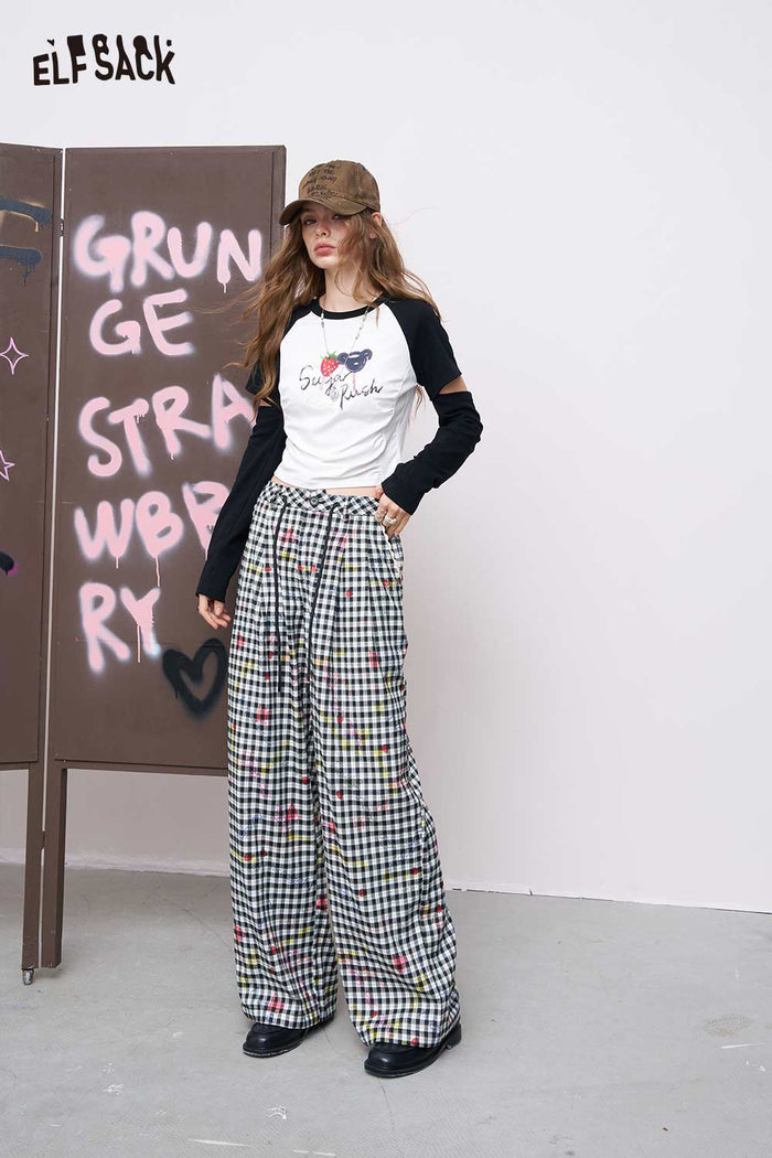 ELFSACK Breathable Straight Wide-Leg Plaid Heart Print Long Pants
