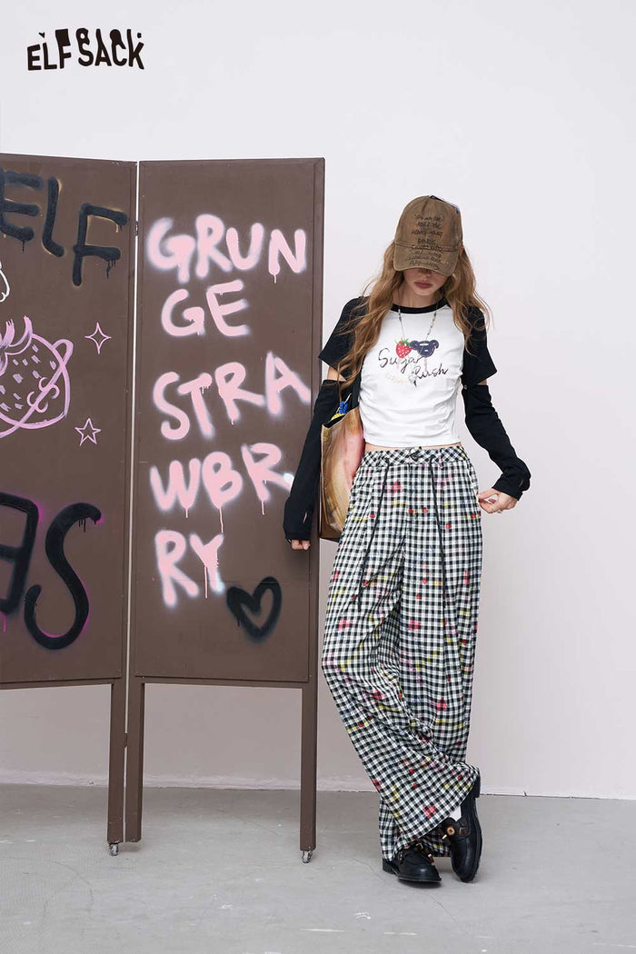 ELFSACK Breathable Straight Wide-Leg Plaid Heart Print Long Pants
