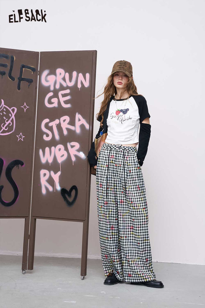 ELFSACK Breathable Straight Wide-Leg Plaid Heart Print Long Pants