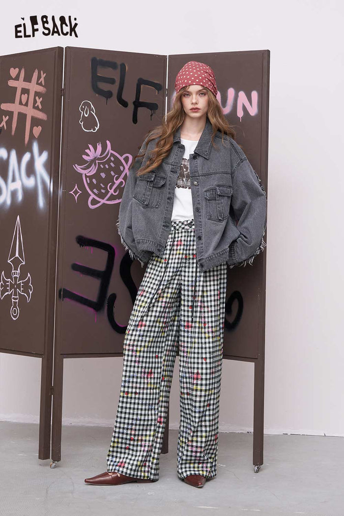 ELFSACK Breathable Straight Wide-Leg Plaid Heart Print Long Pants