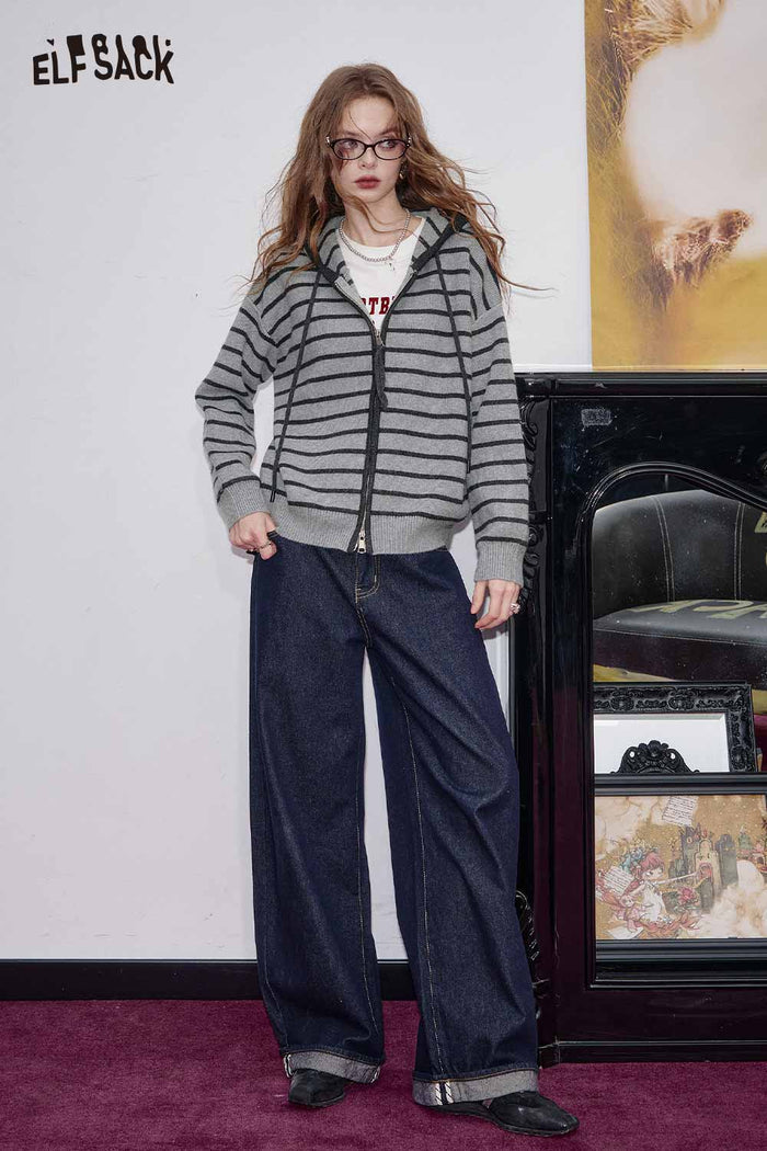 ELFSACK Breathable Striped Zip-up Hooded Knit Cardigan