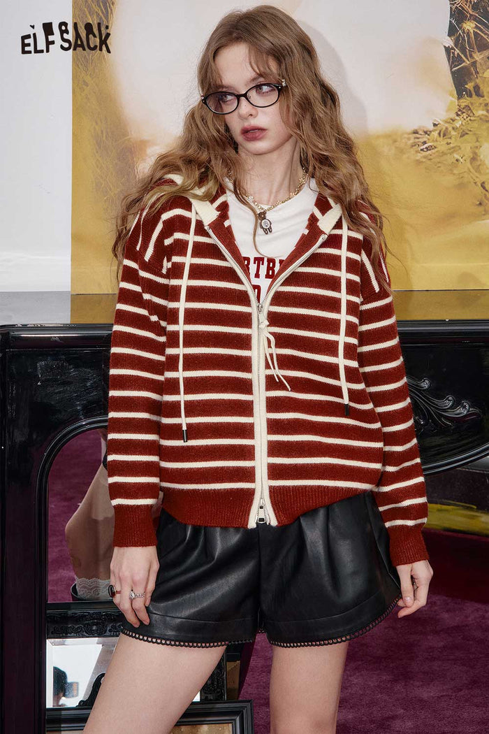 ELFSACK Breathable Striped Zip-up Hooded Knit Cardigan