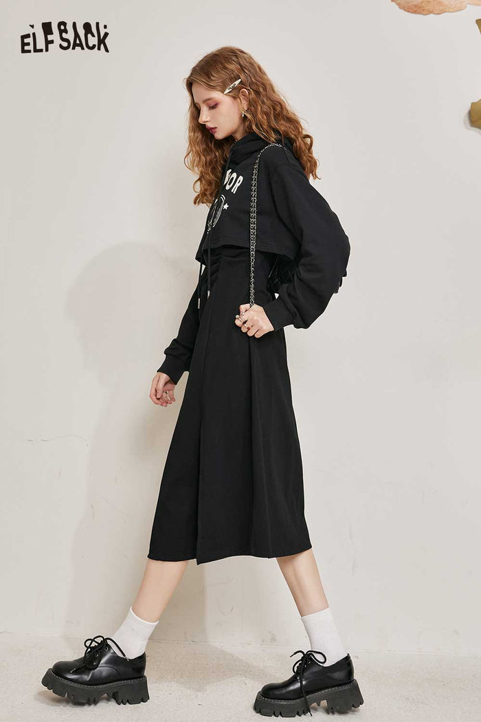 ELFSACK Breathable Versatile Waist Slimming Hoodie Dress