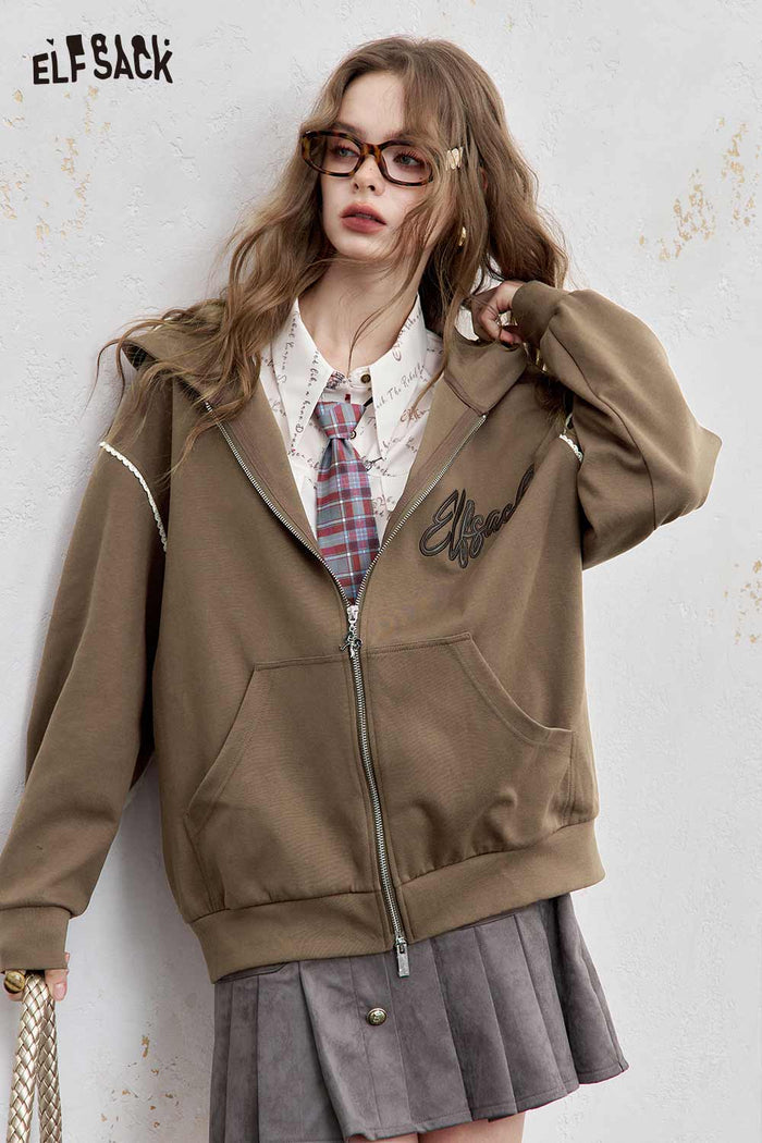 ELFSACK Brushed French Terry Zip Up Hoodie Embroidered Logo Pullover