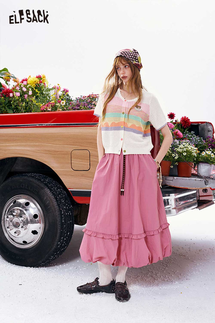 ELFSACK Bubble Hem Ruffle Drawstring Woven Skirt