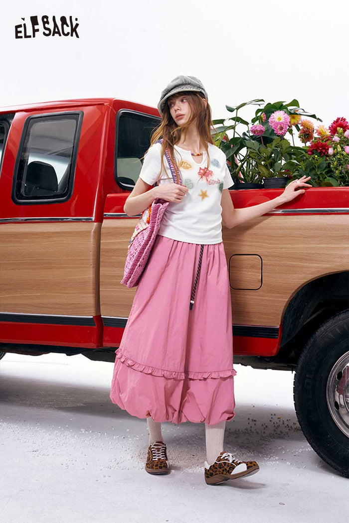 ELFSACK Bubble Hem Ruffle Drawstring Woven Skirt