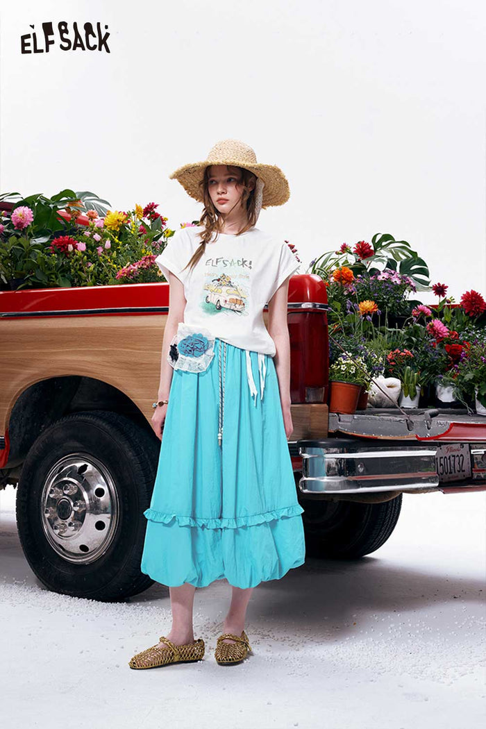 ELFSACK Bubble Hem Ruffle Drawstring Woven Skirt