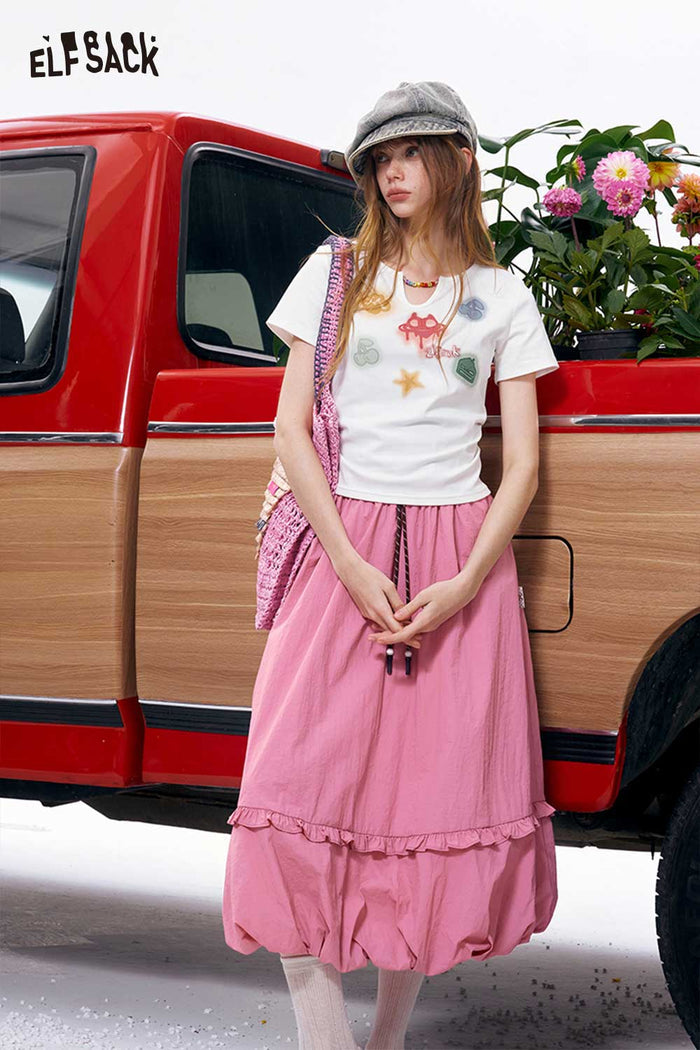 ELFSACK Bubble Hem Ruffle Drawstring Woven Skirt