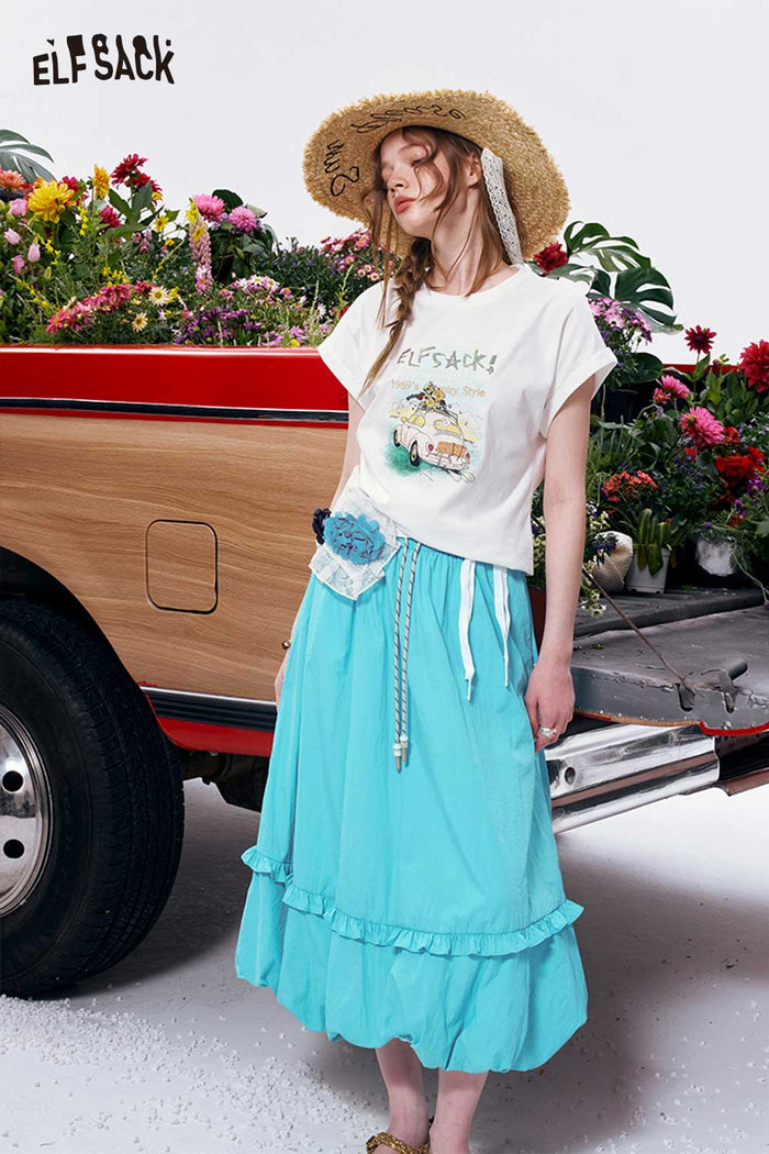 ELFSACK Bubble Hem Ruffle Drawstring Woven Skirt