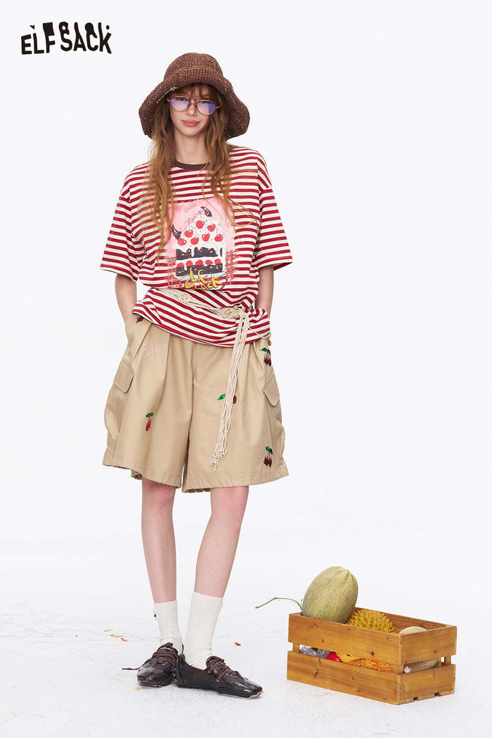 ELFSACK Cake Print Striped Knit Oversized Tee