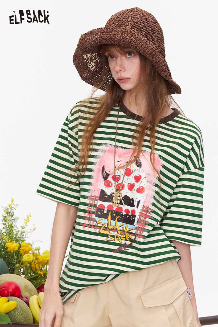 ELFSACK Cake Print Striped Knit Oversized Tee