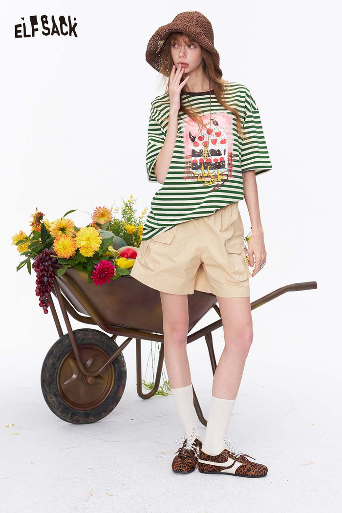 ELFSACK Cake Print Striped Knit Oversized Tee