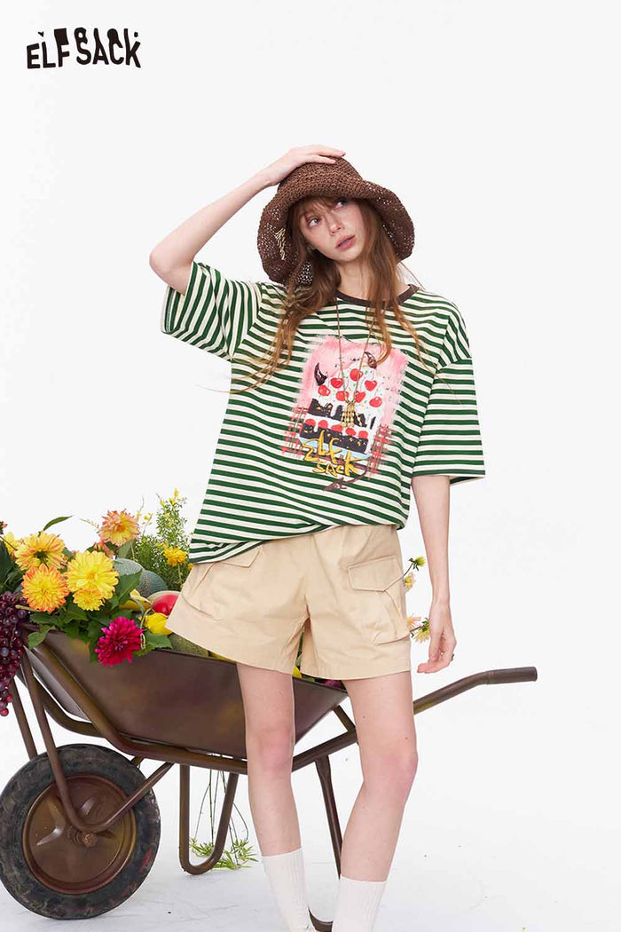 ELFSACK Cake Print Striped Knit Oversized Tee