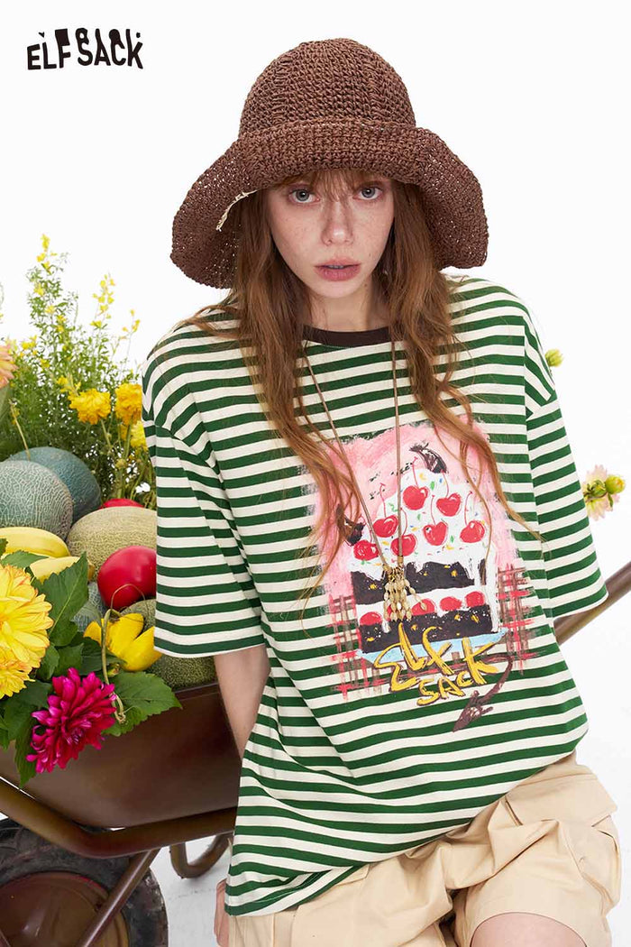 ELFSACK Cake Print Striped Knit Oversized Tee