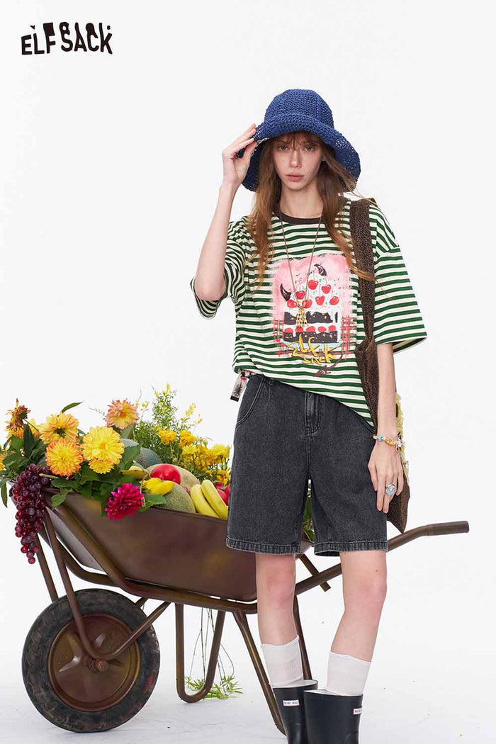 ELFSACK Cake Print Striped Knit Oversized Tee