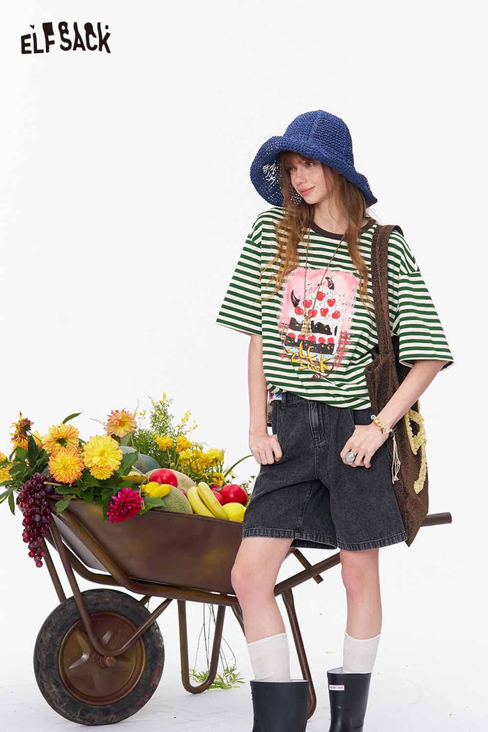 ELFSACK Cake Print Striped Knit Oversized Tee