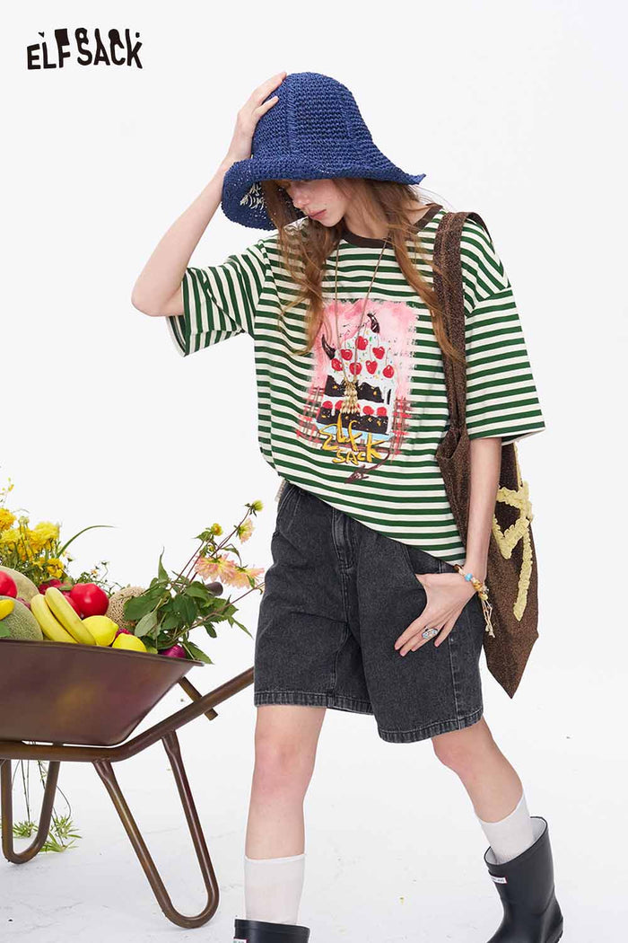 ELFSACK Cake Print Striped Knit Oversized Tee