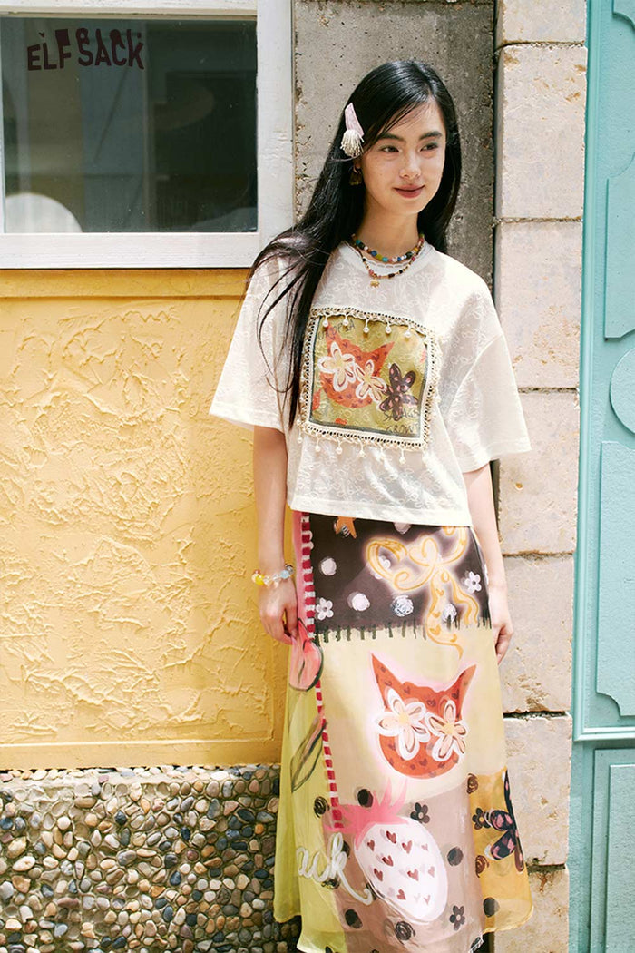ELFSACK Cartoon Cat Print Regular Tee