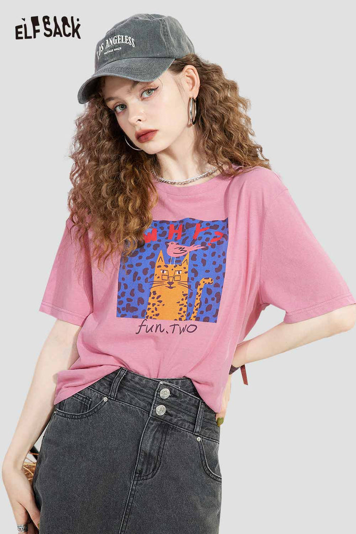 ELFSACK Cartoon Cat Print T Shirt