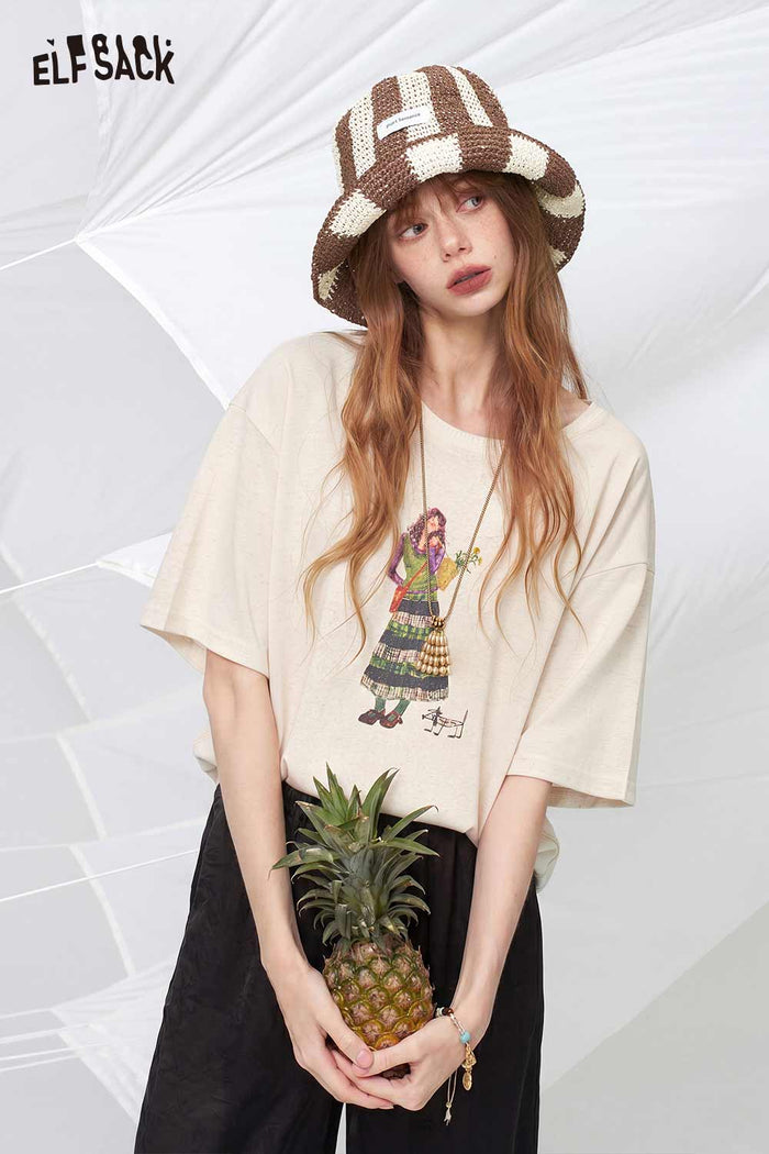 ELFSACK Cartoon Girl Print Casual Cotton Tee