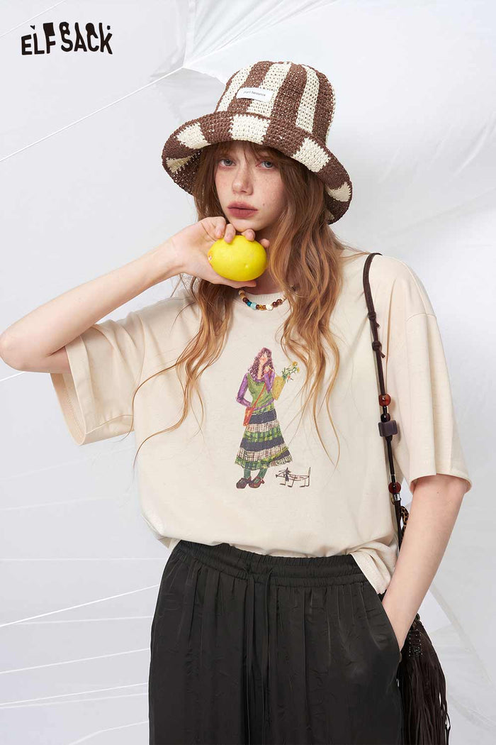 ELFSACK Cartoon Girl Print Casual Cotton Tee