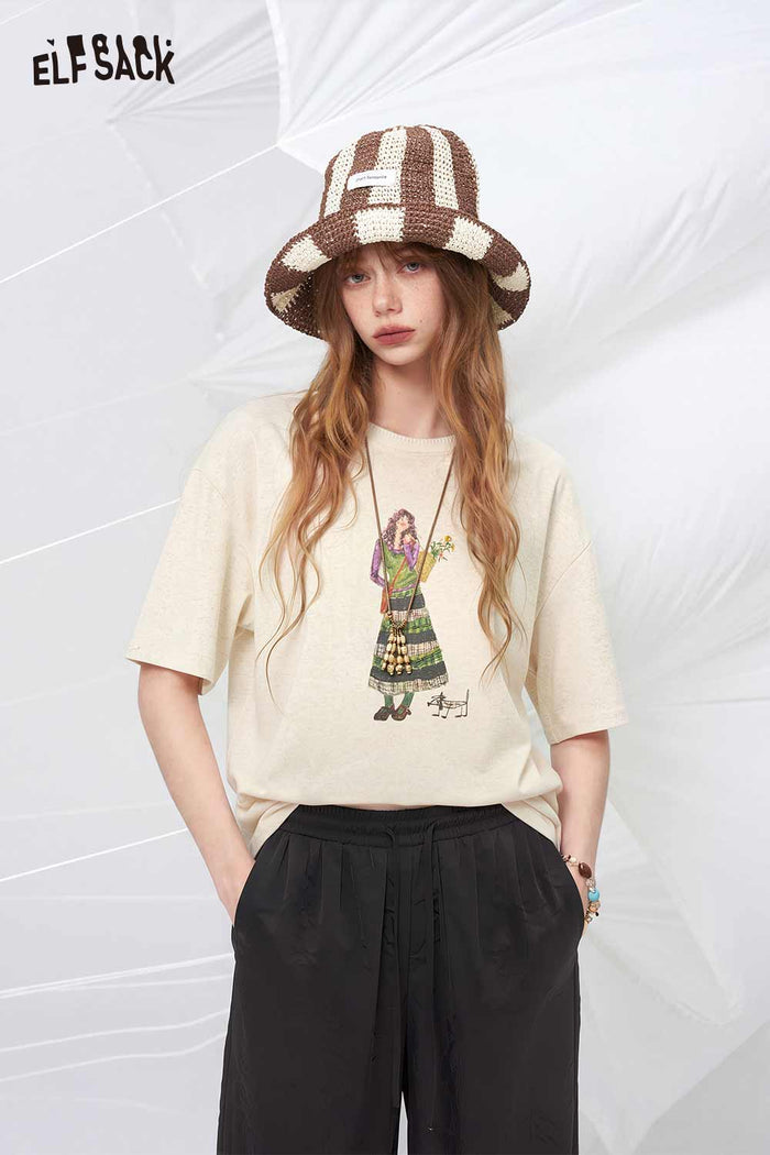ELFSACK Cartoon Girl Print Casual Cotton Tee