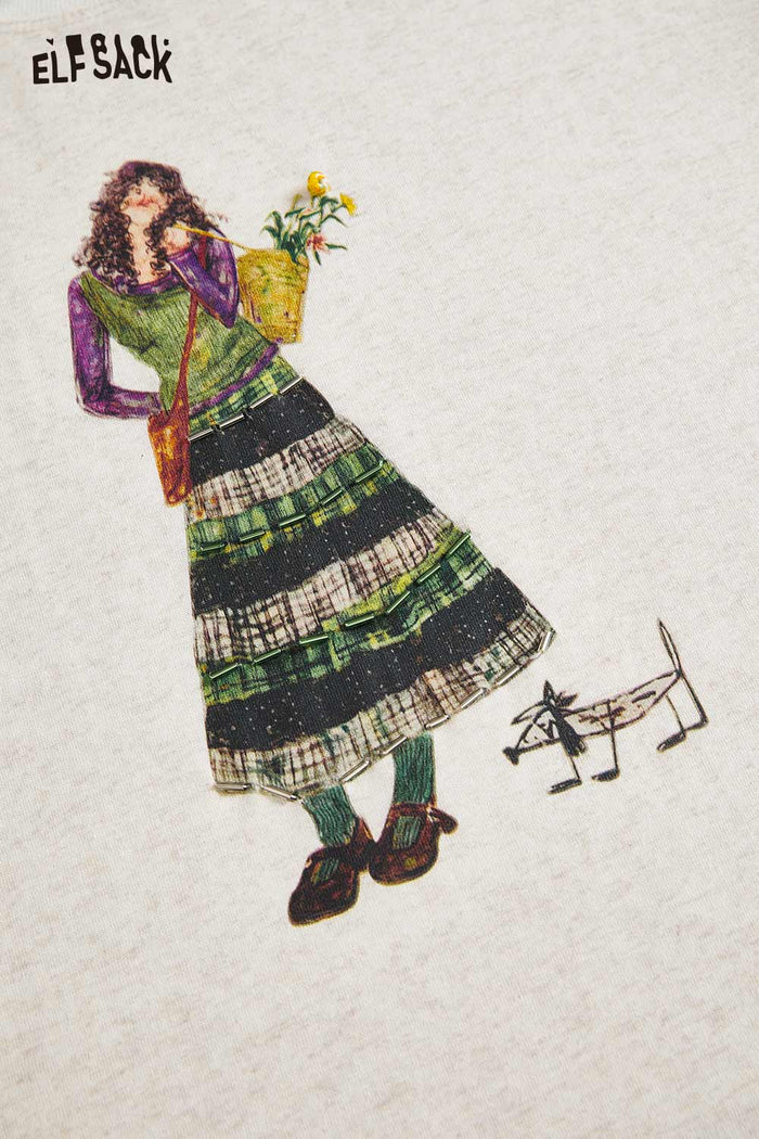 ELFSACK Cartoon Girl Print Casual Cotton Tee
