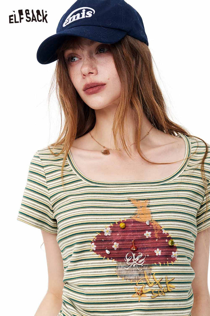 ELFSACK Cartoon Mushroom Striped Knit Top