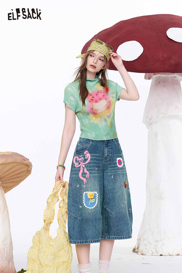 ELFSACK Cartoon Print Half Turtleneck Mint Green Tee